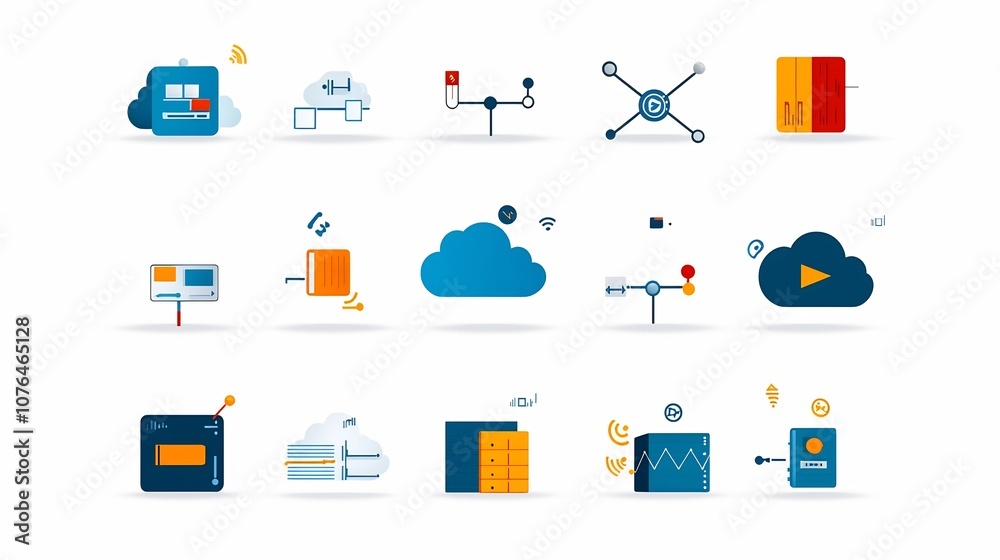 Comprehensive Icon Collection Showcasing Secure Cloud Storage Data Transfer and Network Connectivity Elements for Digital Infrastructure and IT Services Comprehensive Icon Collection Showcasing Secure Cloud Storage Data Transfer and Network Connectivity Elements for Digital Infrastructure and IT Services