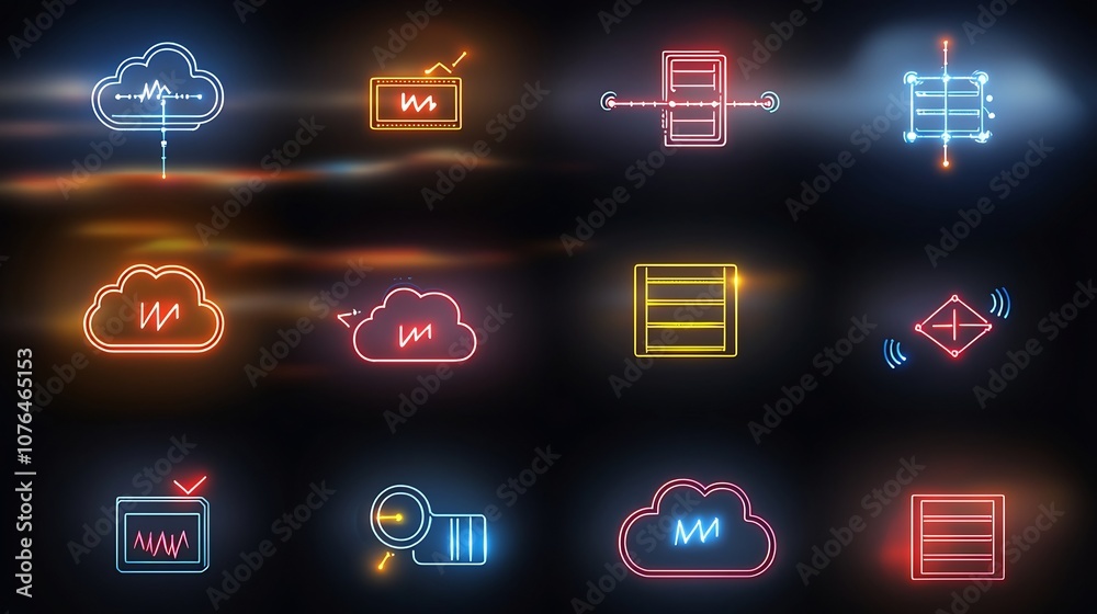 Comprehensive icon set representing various elements of cloud storage hosting and digital connectivity services including secure cloud data transfer network links and other technology focused symbols
