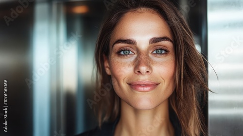 This image features a close-up of a woman with striking facial features and captivating eyes in a modern setting, evoking natural beauty and strength.