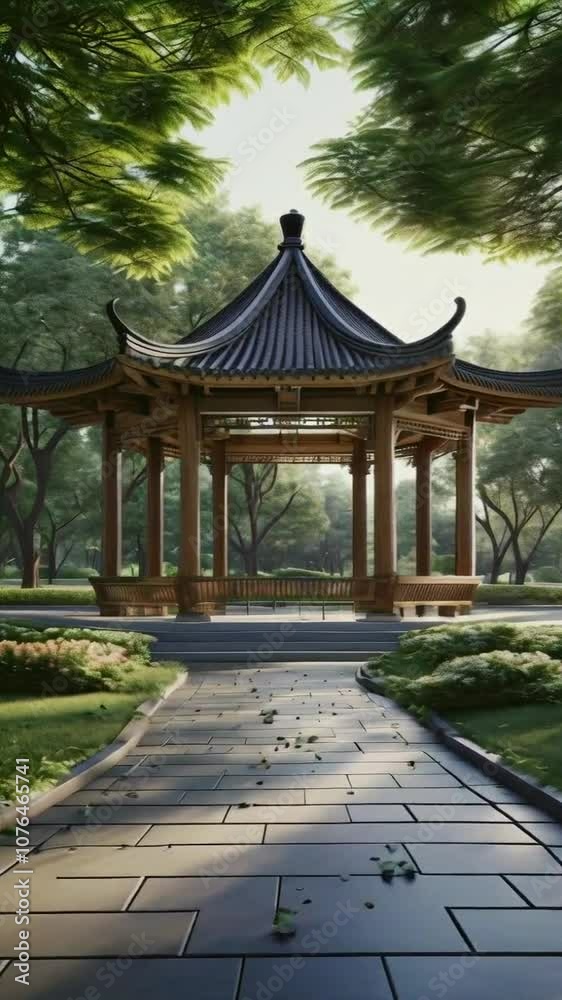 A serene garden pavilion surrounded by lush greenery and a peaceful pathway. A serene garden pavilion surrounded by lush greenery and a peaceful pathway.