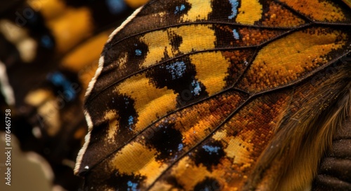 Close-up of vibrant orange and blue butterfly wing pattern
