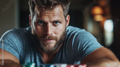 A man with a compelling gaze stares intently over a pile of colorful poker chips, creating an atmosphere of concentration and determination in a gaming setting. photo