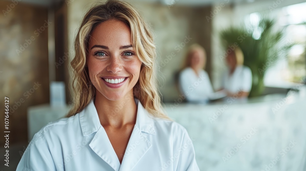 A cheerful woman in a white medical uniform stands in focus at a reception, exuding warmth and professionalism, with blurred colleagues in the background. A cheerful woman in a white medical uniform stands in focus at a reception, exuding warmth and professionalism, with blurred colleagues in the background.
