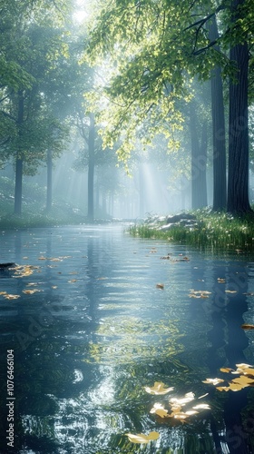 Sunbeams Illuminating a River Through a Misty Forest