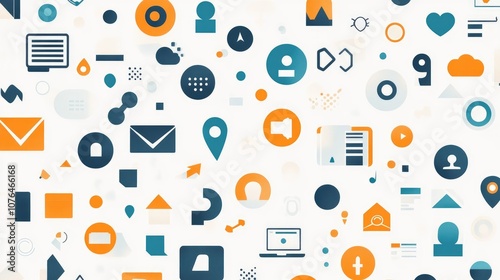  Abstract seamless pattern with colorful buttons and icons on a white background, in a flat lay