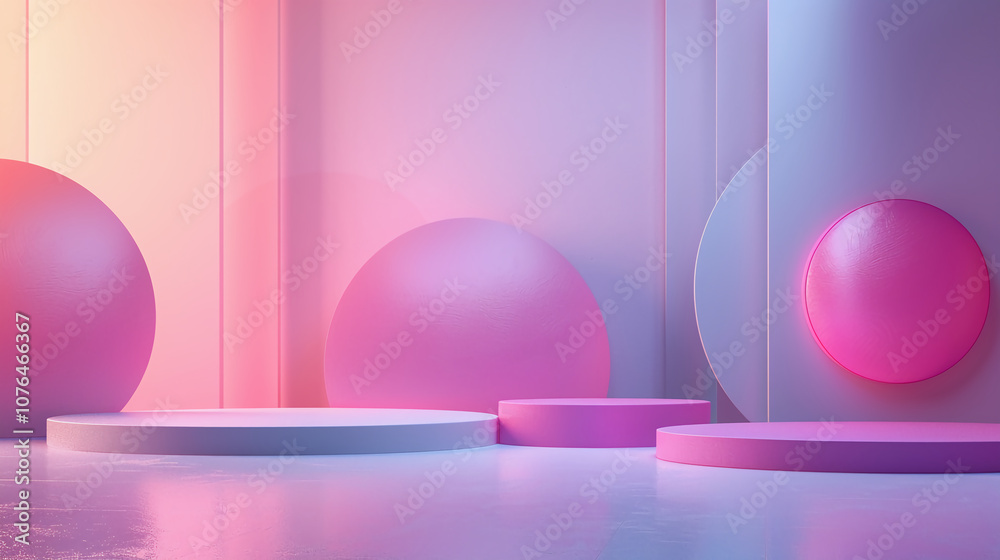 Modern Abstract Interior With Pink Spheres and Platforms Modern Abstract Interior With Pink Spheres and Platforms