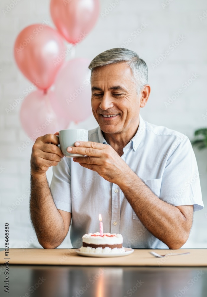 Happy senior man celebrating birthday with cake and coffee indoors Happy senior man celebrating birthday with cake and coffee indoors