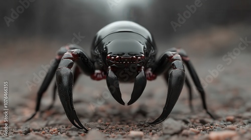 A highly detailed macro photograph of a mysterious black spider on a dirt path, highlighting its unique physical characteristics and enigmatic presence in nature. photo