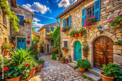 Enchanting Portrait of a Charming Istrian Village in Croatia with Stone Walls, Colorful Doors, and Beautiful Windows Under a Clear Blue Sky