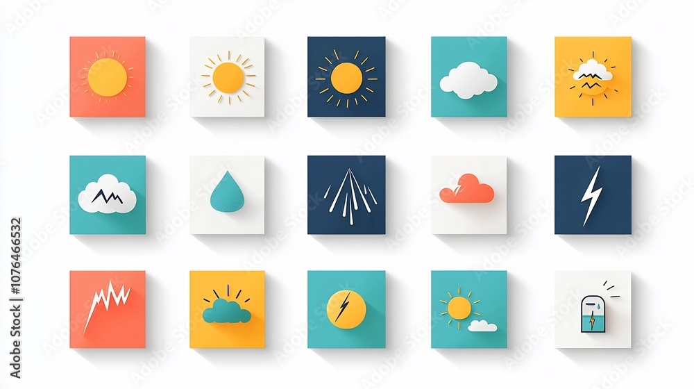 Vibrant set of icons depicting a range of weather phenomena including sun rain clouds and lightning in a bright and cheerful visual style Vibrant set of icons depicting a range of weather phenomena including sun rain clouds and lightning in a bright and cheerful visual style