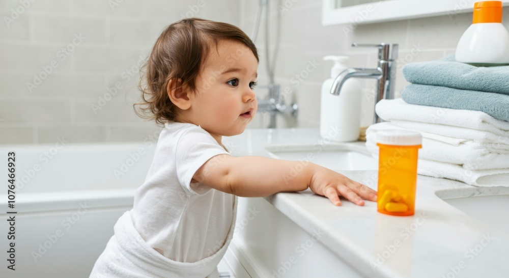 Child safety awareness: curious toddler reaching for medicine bottle in bathroom Child safety awareness: curious toddler reaching for medicine bottle in bathroom