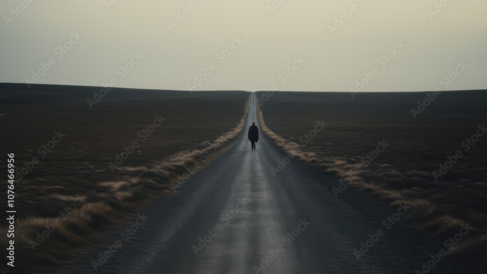 Fototapeta premium A solitary figure walking on a long, empty road at dusk, surrounded by a vast landscape. This image evokes feelings of loneliness and exploration