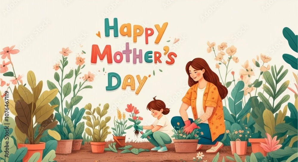 Fototapeta premium Mother and child gardening with joyful floral background. Happy Mother's Day celebration