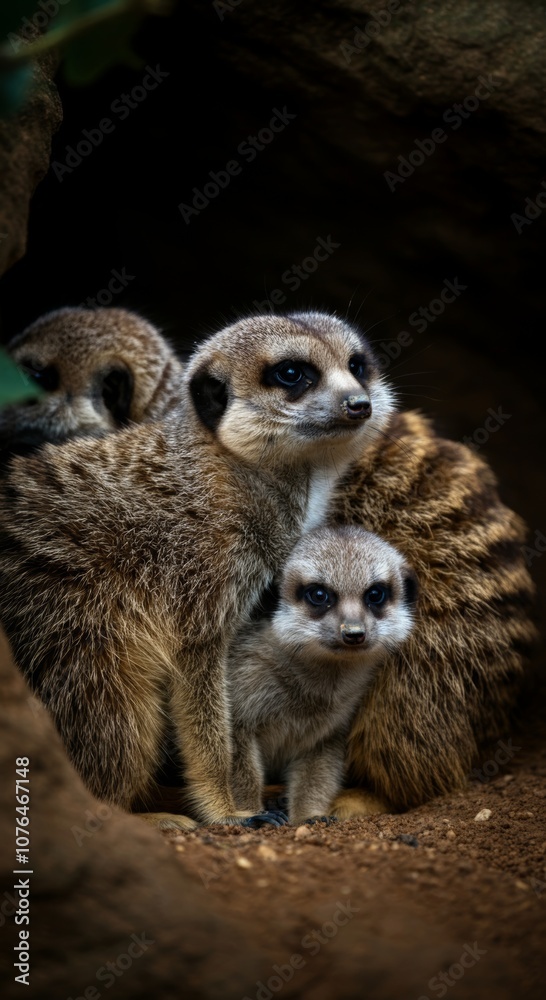 Fototapeta premium Family of meerkats in natural habitat: intimate moment in wildlife