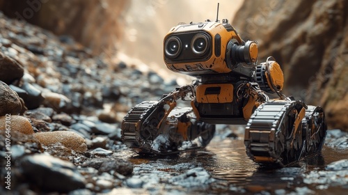 Robot Exploring a Rocky Landscape