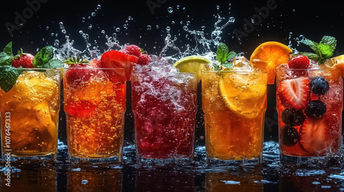Fruit falling into a collection of cocktails in glasses