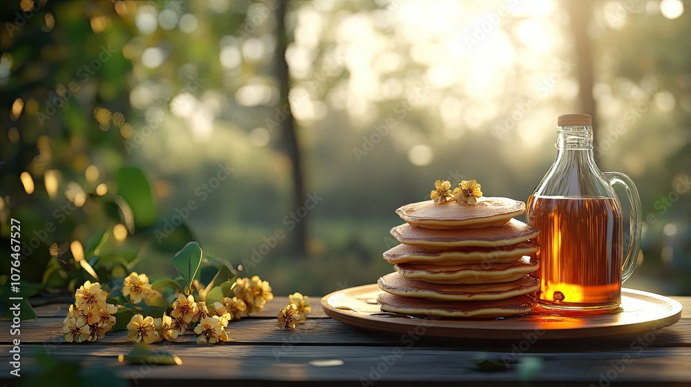 Obraz premium Fluffy Pancakes with Syrup in Natural Setting