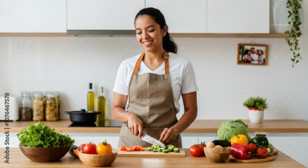 Woman preparing fresh colorful vegetables in modern kitchen Woman preparing fresh colorful vegetables in modern kitchen