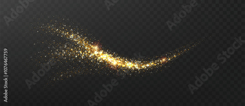 Golden sparkling glittering comet with stardust trail. Gold glitter dust, wave abstract elements on transparent background, golden sparkles.