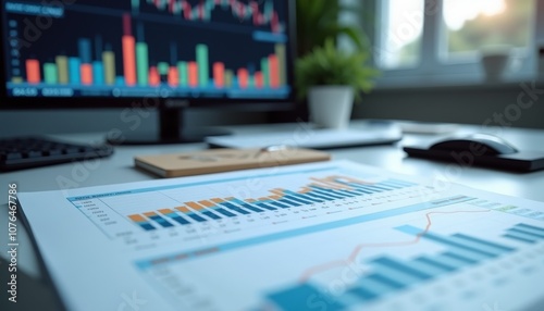 Accountant analyzing financial reports and graphs on a desk with computer screen in background