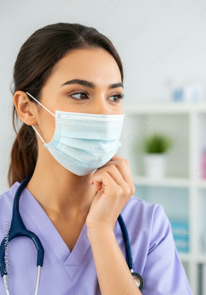 Healthcare professional in protective mask and scrubs focused on safety Healthcare professional in protective mask and scrubs focused on safety