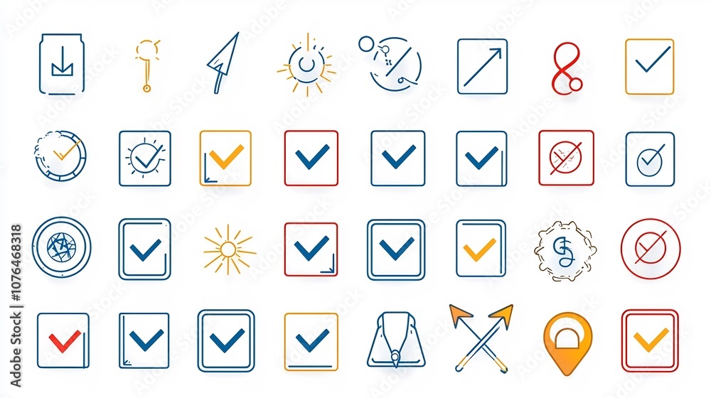 Collection of vibrant icons representing the process of making choices decisions and selections Featuring symbols like checkboxes arrows and selection boxes in a sleek modern design style Collection of vibrant icons representing the process of making choices decisions and selections Featuring symbols like checkboxes arrows and selection boxes in a sleek modern design style