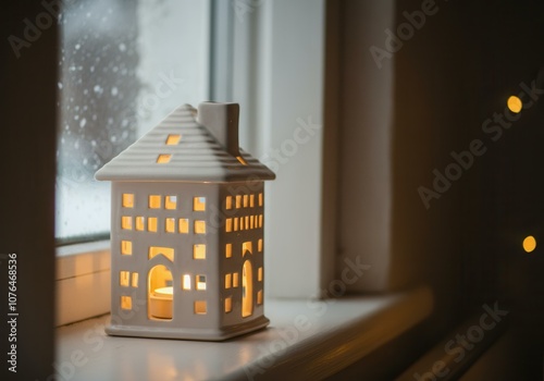 Cozy winter scene with lit ceramic house candle holder on windowsill