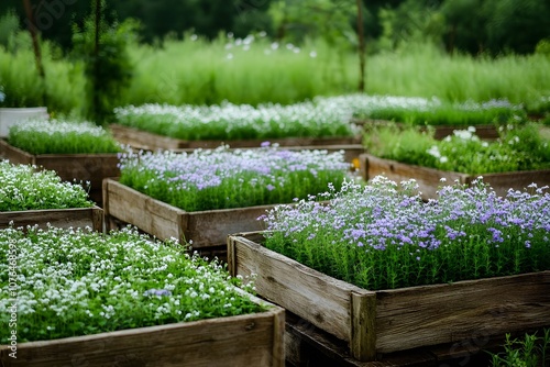 Vibrant lavender and herb plants in pots and fields, capturing the beauty and tranquility of blooming flowers, perfect for garden and nature themes