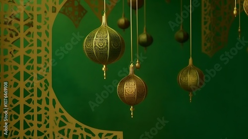 Intricate Golden Lanterns Hanging Against a Green Background