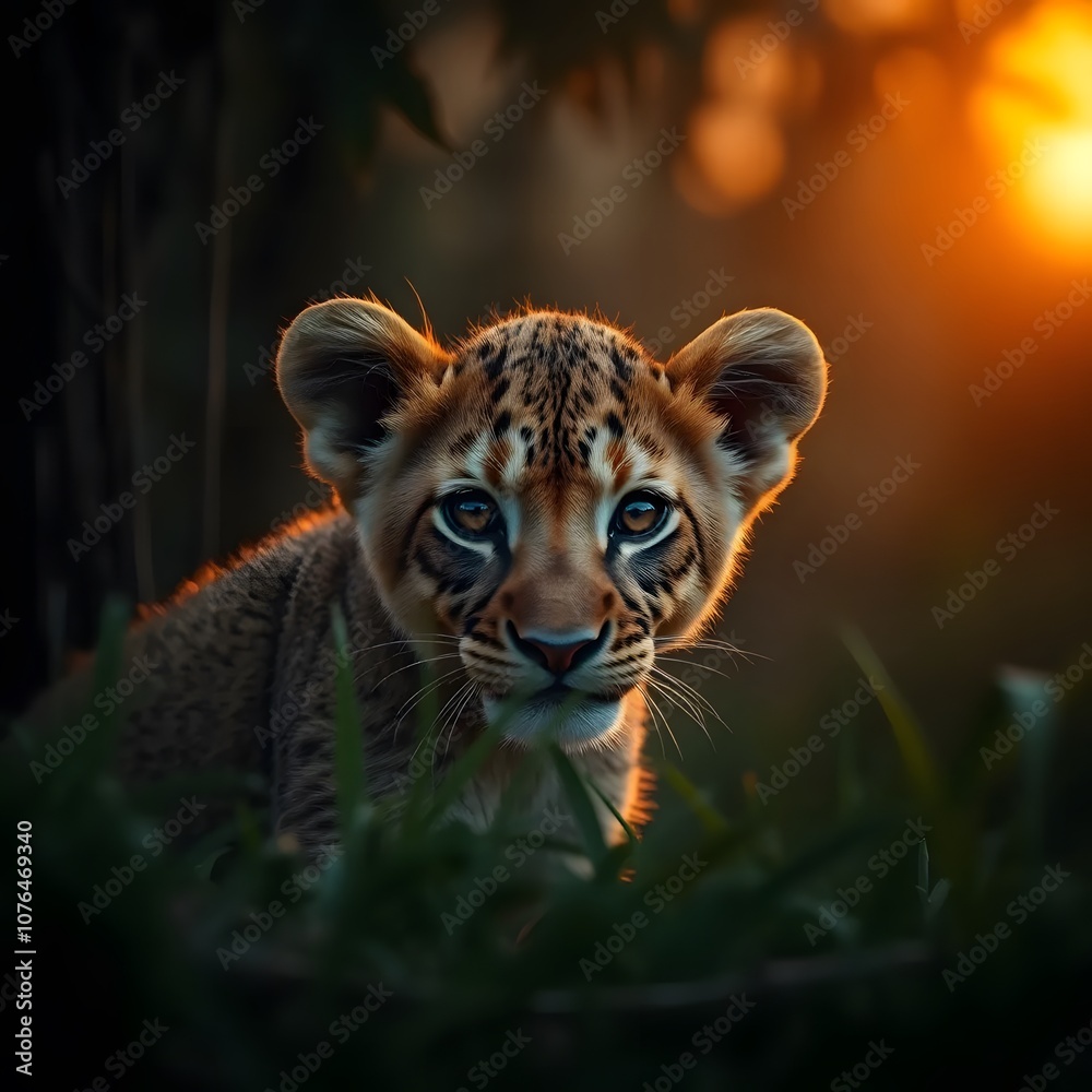 Fototapeta premium Close-up of a Lion cub looking at the camera lion cub. Lion cub poking cute lion cub poking looking at the camera Portrait of Lion Cub Gazing in Camera Isolated on Black Background.