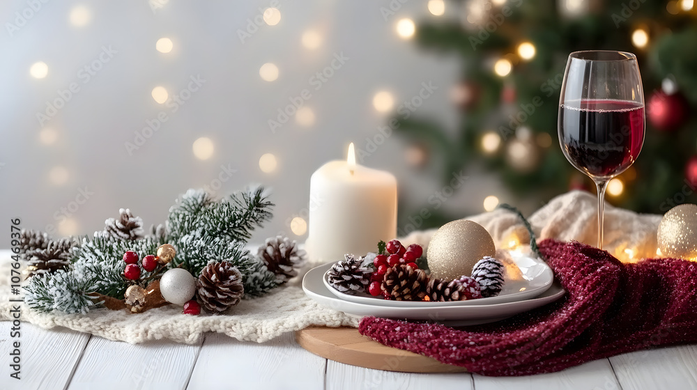Charming Christmas or New Year and winter scene with festive decorations. Charming Christmas or New Year and winter scene with festive decorations.