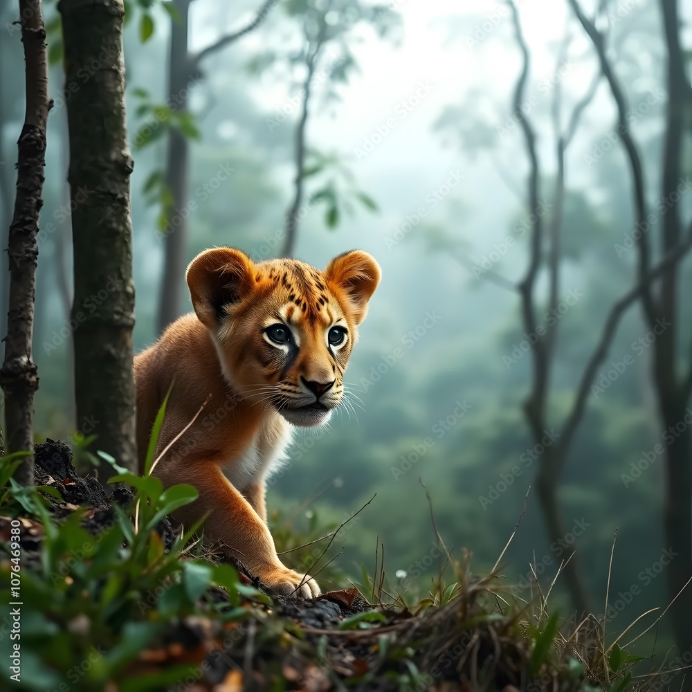 Obraz premium Close-up of a Lion cub looking at the camera lion cub. Lion cub poking cute lion cub poking looking at the camera Portrait of Lion Cub Gazing in Camera Isolated on Black Background.