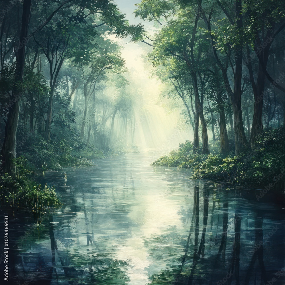 A Misty Forest Path with a Serene River Flowing Through It A Misty Forest Path with a Serene River Flowing Through It