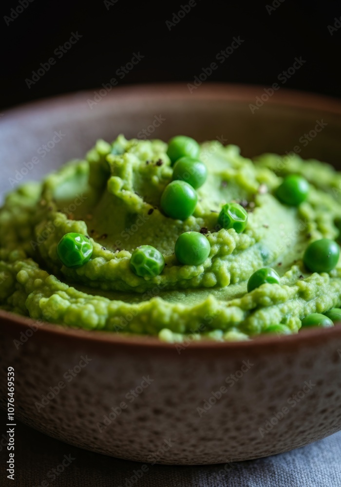A lumpy scoop of mashed peas with uneven color and a few pea skins visible, served in a rustic bowl. Concept of imperfect food with unique texture reveals its authentic beauty. A lumpy scoop of mashed peas with uneven color and a few pea skins visible, served in a rustic bowl. Concept of imperfect food with unique texture reveals its authentic beauty.