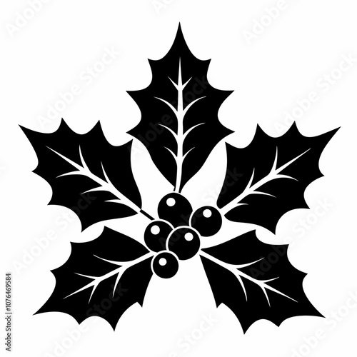 Vector holly leaves and berries silhouette black illustration on a white background