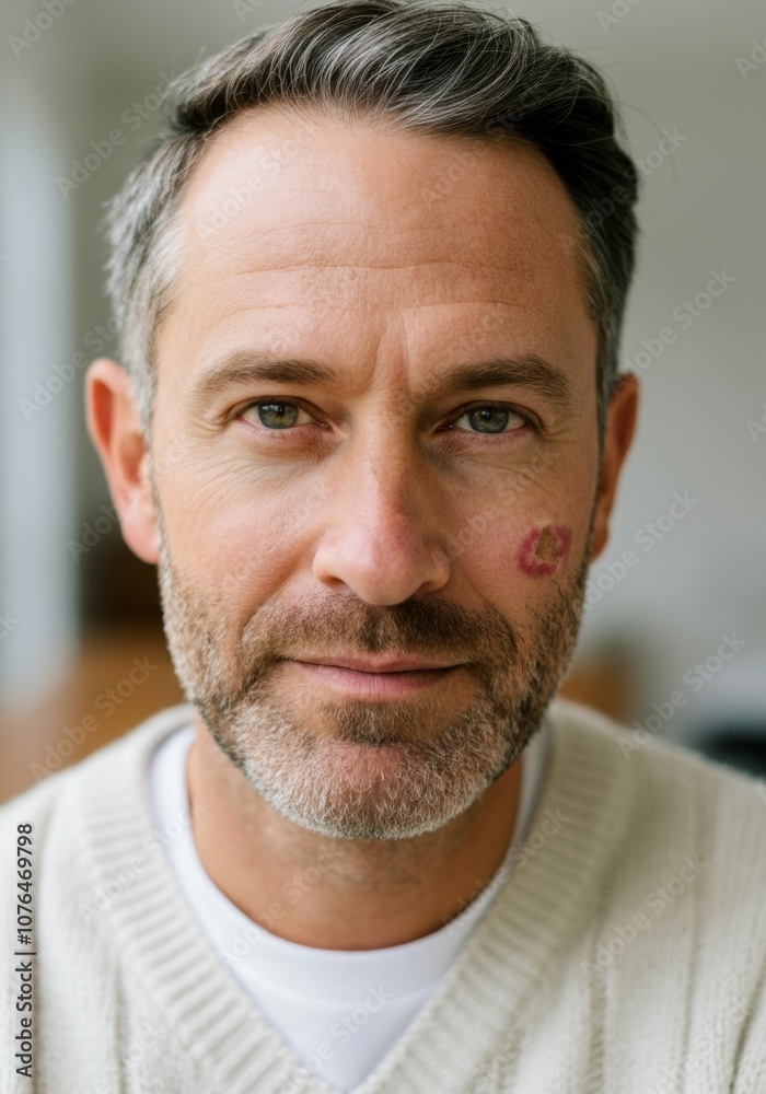 Close-up of a middle-aged man with a prominent birthmark on his cheek, looking directly at the camera with a relaxed, confident expression. Concept of authenticity appearance. Close-up of a middle-aged man with a prominent birthmark on his cheek, looking directly at the camera with a relaxed, confident expression. Concept of authenticity appearance.