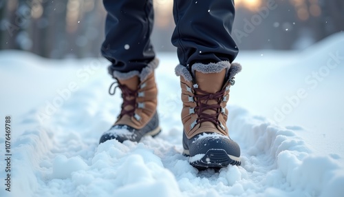 Person's feet in insulated snow boots walking through fresh snow in winter forest at dusk