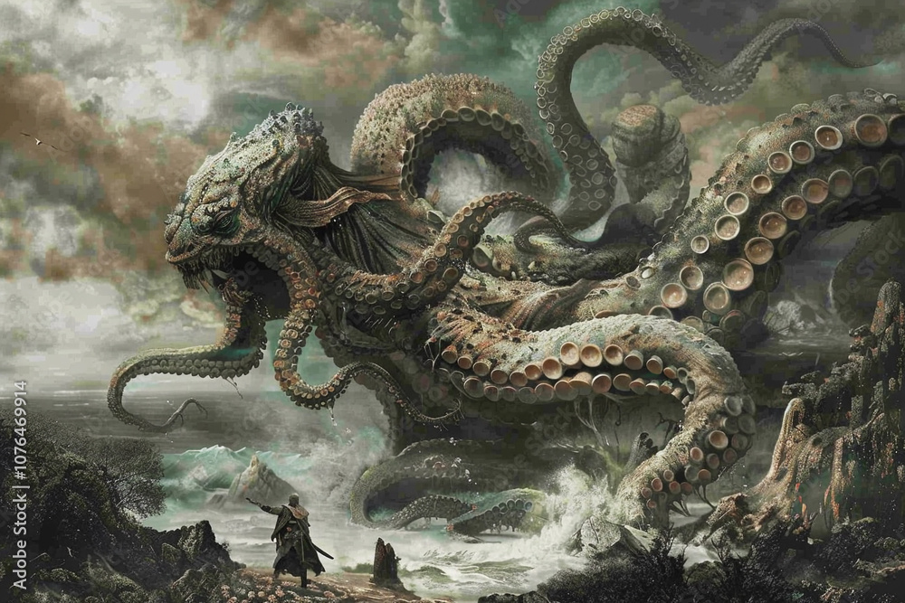 Terrifying scary sea monster in dark depths of deep ocean Terrifying scary sea monster in dark depths of deep ocean