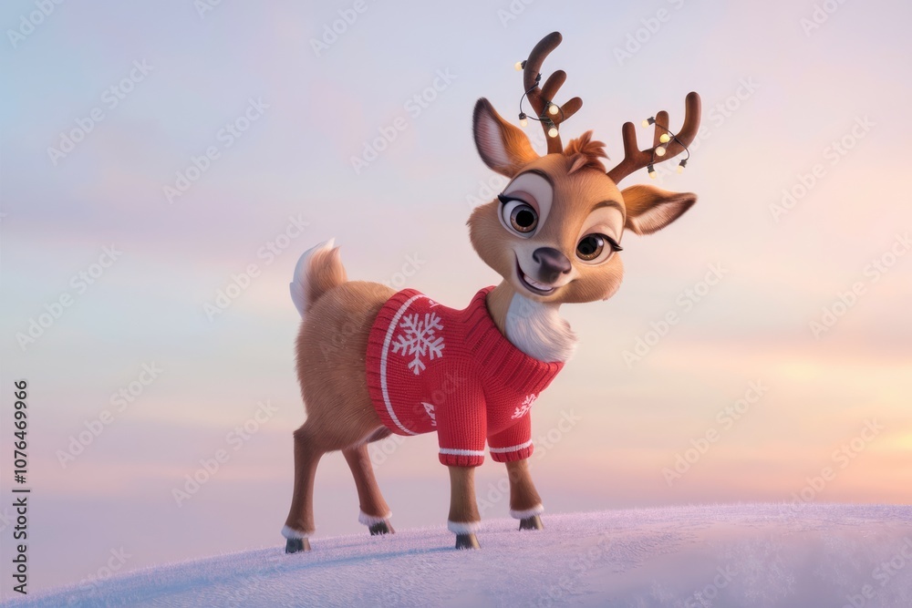 A cute reindeer wearing a red sweater with a snowflake pattern stands in the snow. A cute reindeer wearing a red sweater with a snowflake pattern stands in the snow.