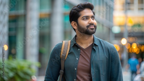 "Urban Adventure: Indian Man in the City" – An image of a casually dressed Indian man exploring an urban setting, embodying modern adventure and curiosity. 