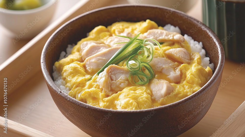木製トレーにのせた親子丼とお茶のセット 木製トレーにのせた親子丼とお茶のセット
