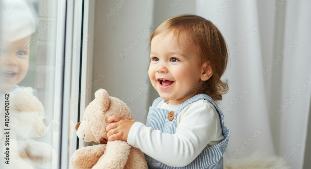 Happy toddler with teddy bear smiling by window Happy toddler with teddy bear smiling by window