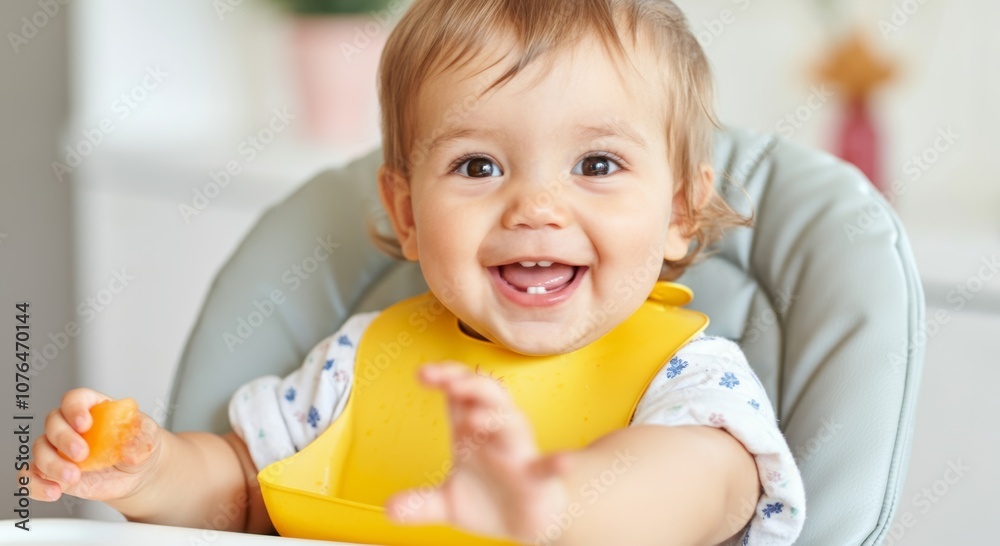 Happy baby in high chair with yellow bib smiling and eating Happy baby in high chair with yellow bib smiling and eating