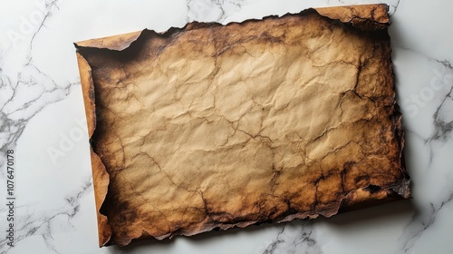 A crumpled, burnt parchment on a marble surface.