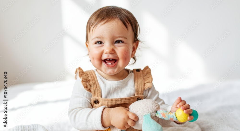 Adorable smiling baby with toy in sunlit room Adorable smiling baby with toy in sunlit room