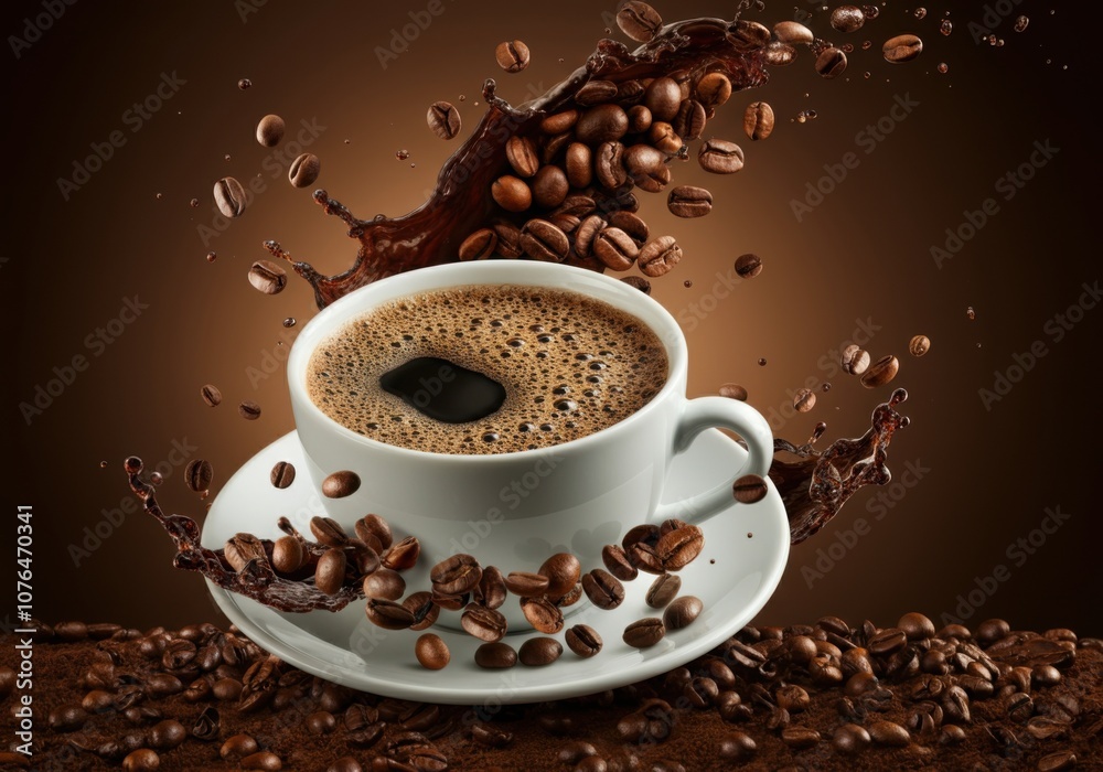 Dynamic coffee explosion: fresh brew and beans in mid-air with splashing liquid Dynamic coffee explosion: fresh brew and beans in mid-air with splashing liquid