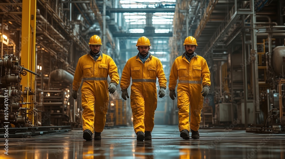 Engineers in yellow uniforms in factory. Three engineers in yellow uniforms and hard hats walking through a large, industrial manufacturing facility, showing professionalism and teamwork. Engineers in yellow uniforms in factory. Three engineers in yellow uniforms and hard hats walking through a large, industrial manufacturing facility, showing professionalism and teamwork.
