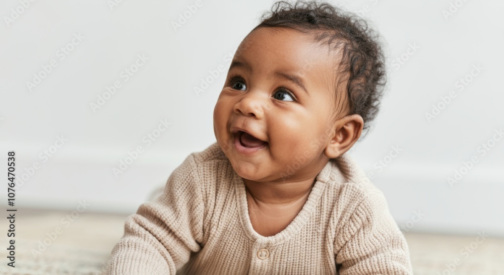 Adorable smiling baby in cozy sweater on floor at home Adorable smiling baby in cozy sweater on floor at home