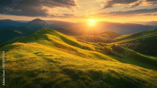 Sunset over rolling green hills