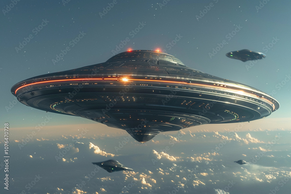 Iron oval UFO saucer hovering over beautiful landscape in dramatic sky Iron oval UFO saucer hovering over beautiful landscape in dramatic sky
